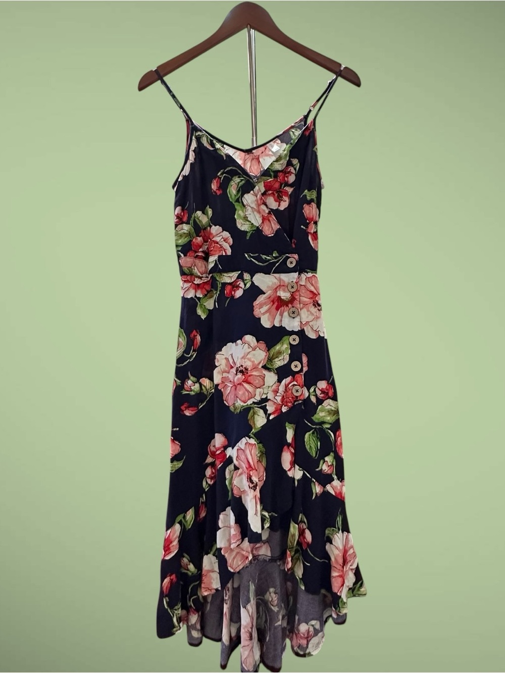 Xhilaration Floral Midi Dress Navy Pink High Low Wrap Button Front Small